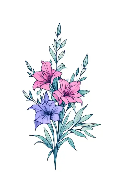 dainty bouquet of gladiolus, sweet pea, rose, daffodil with a little bit of color tattoo design idea