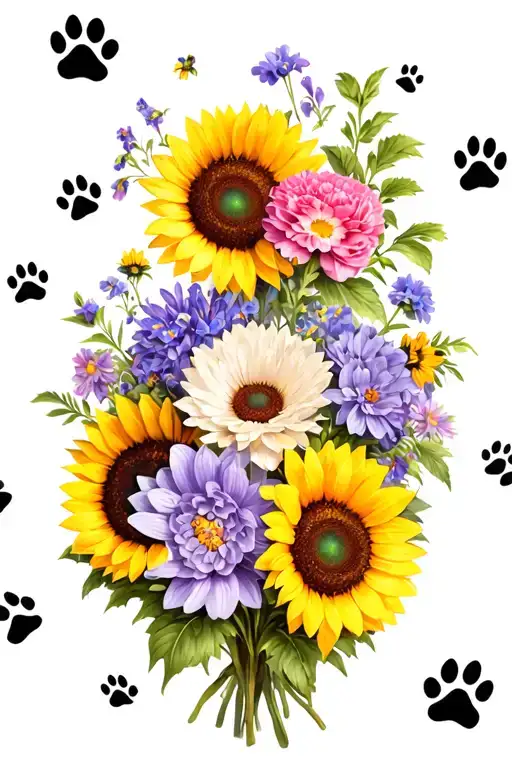 A colorful bouquet of sunflowers, asters, violets, carnations, and chrysanthemum with hidden paw prints throughout.  tattoo design idea