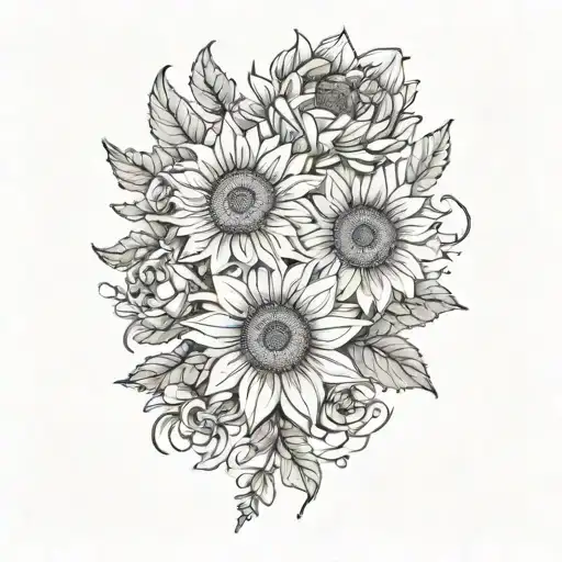 sunflowers, roses, and chrysanthemums flower tattoo design idea