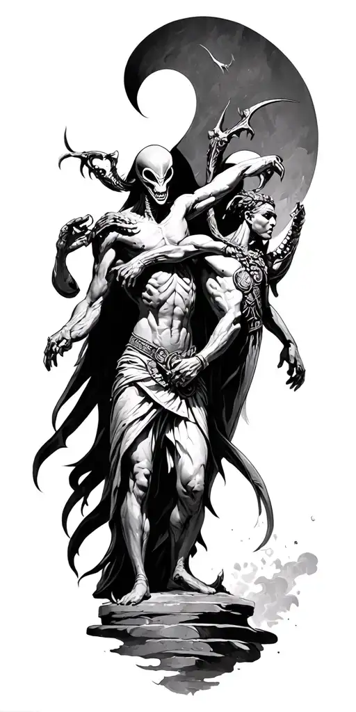 aliens fighting roman gods tattoo design idea