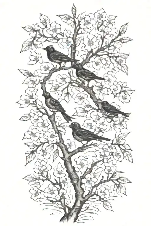 sideways very thin black and white masculine cherry branch tattoo with minimal blossoms  with 4 solid black birds.     tattoo design idea