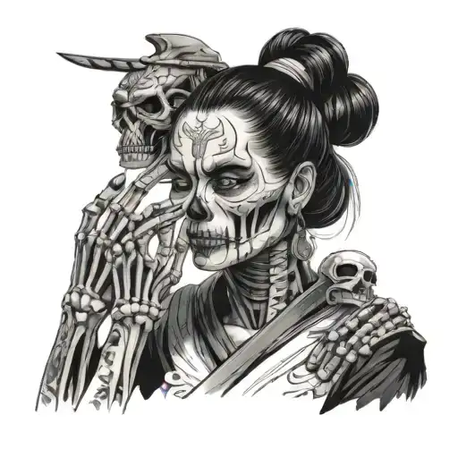 The girl touches the face of the samurai skeleton with her palm and it takes on facial features tattoo design idea