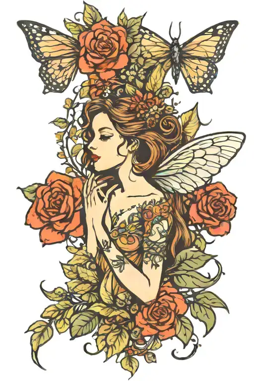 earthy feminine fairy tattoo design idea