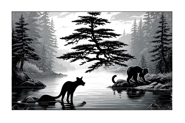 puma in a lake surrounded by monkey puzzle tree  tattoo design idea