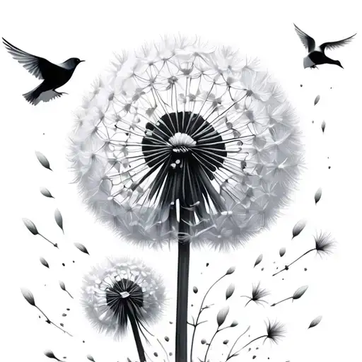 white dandelion with seeds blowing away and turning into birds tattoo design idea