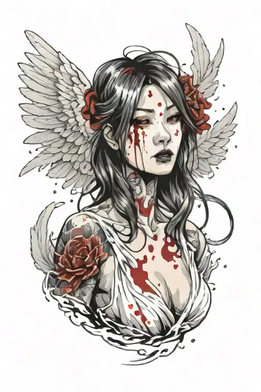 Sexy Angel Smoking Cigarette Covered in blood evil facial expression large cleavage white bloody torn dress Angel wings tattoo design idea