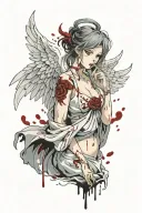 Sexy Angel Smoking Cigarette Covered in blood evil facial expression large cleavage white bloody torn dress Angel wings tattoo design idea