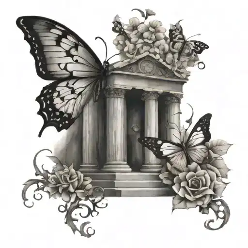 temple ruins flowers butterfly letters tattoo design idea