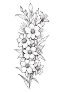 a fine line spine tattoo with the following flowers: sweet pea flower, daffodil, daisy, gladiolus, honeysuckle, and lily tattoo design idea