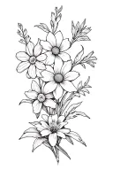 a fine line spine tattoo with the following flowers: sweet pea flower, daffodil, daisy, gladiolus, honeysuckle, and lily tattoo design idea