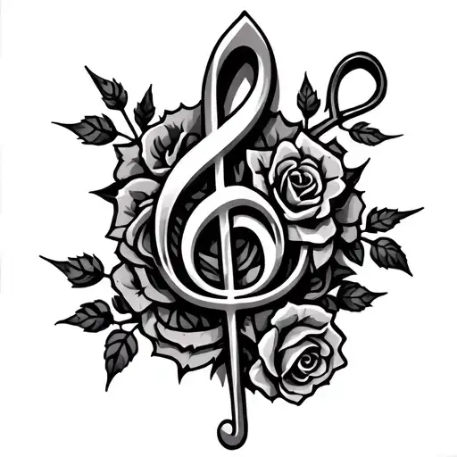 Treble cleff with thorns and roses wrapped around it tattoo design idea