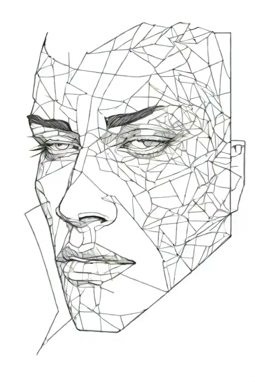 crumbled mask and aggressive male eye looking tattoo design idea