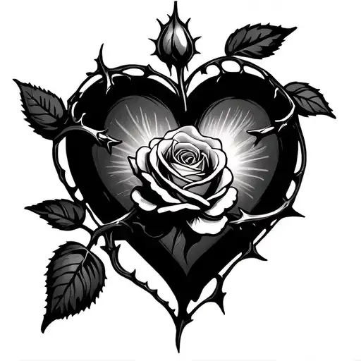 Solid smooth black heart outline with a rosebud with thorns inside tattoo design idea