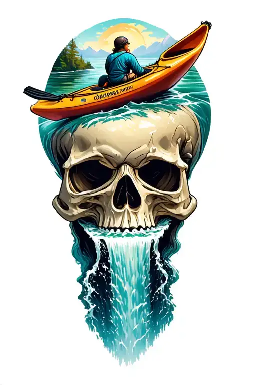kayak going over a waterfall shaped like a skull tattoo design idea