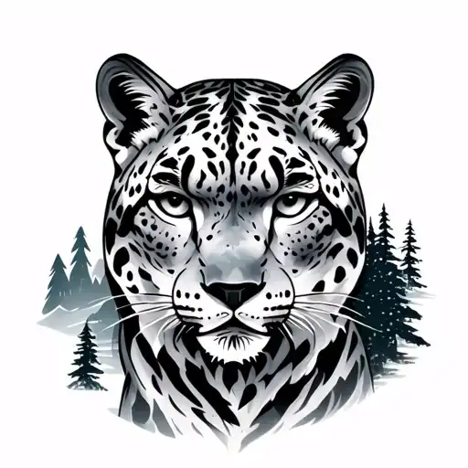 snow leopard with mountains and trees tattoo design idea