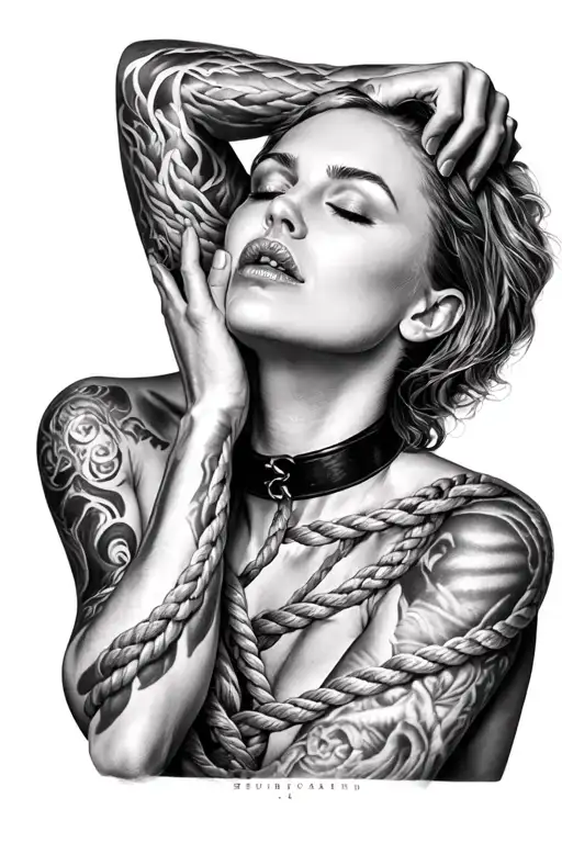 BDSM, submissive, hands bound, sexy woman, head back, eyes closed, mouth open, wearing collar, mans hand on face, rope tattoo design idea