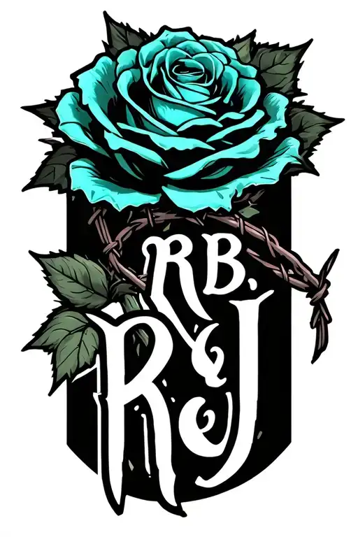 "RB ; KJ" teal rose wrapped in barbed wire tattoo design idea