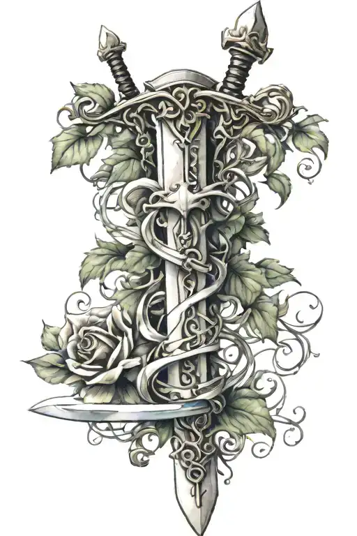 long sword intertwined vines wrapped tattoo design idea