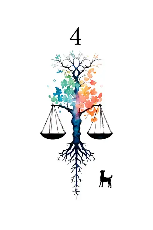 All the patterns are made of osmanthus tree. The roots form infinite symbols. The branches form the balance shape. It is roughly symmetric. The balance on the left is a human silhouette. The right is a canine silhouette. The top end of the branch is an Arabic numeral 4. tattoo design idea