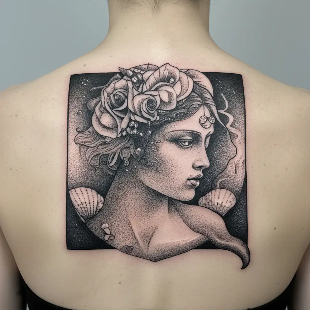 aphrodite's face surrounded by a Shell. sea sabes extended by uy with roses al the end of one side AND a dolphin ay the  tattoo design idea