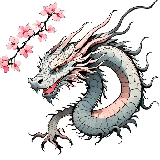 create a small light fine line tattoo with an elegent eastern dragon with a detailed pink cherry blossoms tattoo design idea