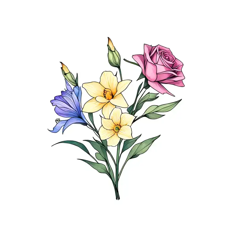 dainty bouquet of a single gladiolus, a single rose, a single daffodil, and sweet pea colors like purples pinks blues tattoo design idea