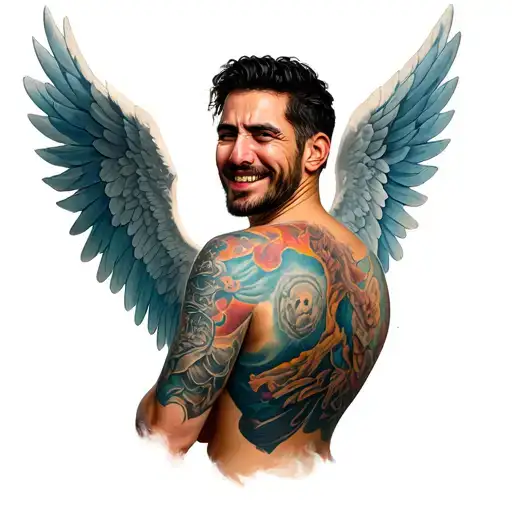 "Angels and proud different sid" long way  dark from back ground at front a smiling man standing with sad face  tattoo design idea