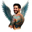 "Angels and proud different sid" long way  dark from back ground at front a smiling man standing with sad face  tattoo design idea