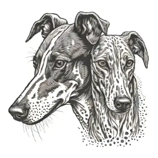 two faces next to each other of dogs of the Russian greyhound breed with drooping ears in a dark graphic style tattoo design idea