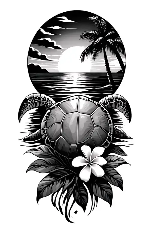 Sea turtle, ocean waves, plumeria, sunset, palm tree tattoo design idea