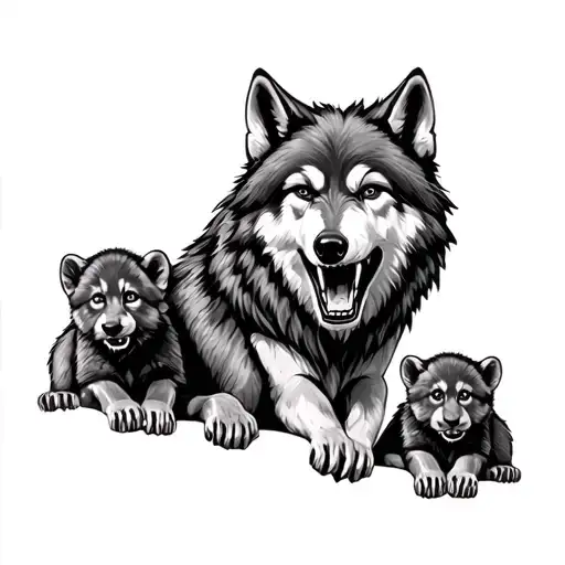 snarling Wolf With 2 Cubs tattoo design idea