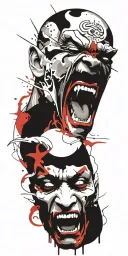 half man half devil screaming wearing oni mask fighting off inner demons drowning tattoo design idea