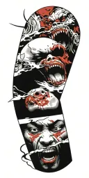 half man half devil screaming wearing oni mask fighting off inner demons drowning tattoo design idea