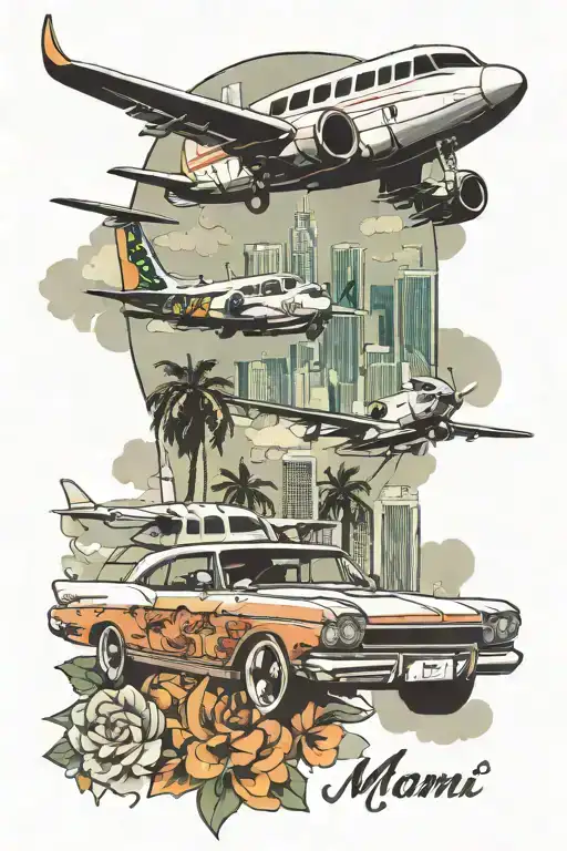 Miami skyline, tuned car, and plane flying across tattoo design idea