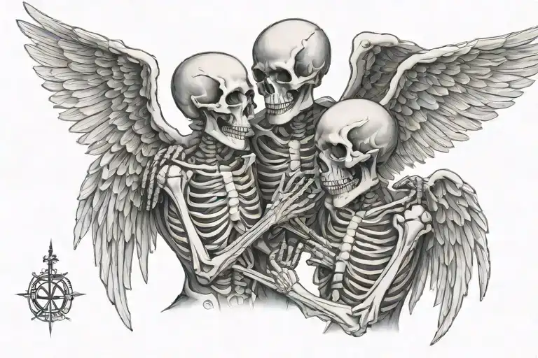 skeleton angels holding a note each other tattoo design idea