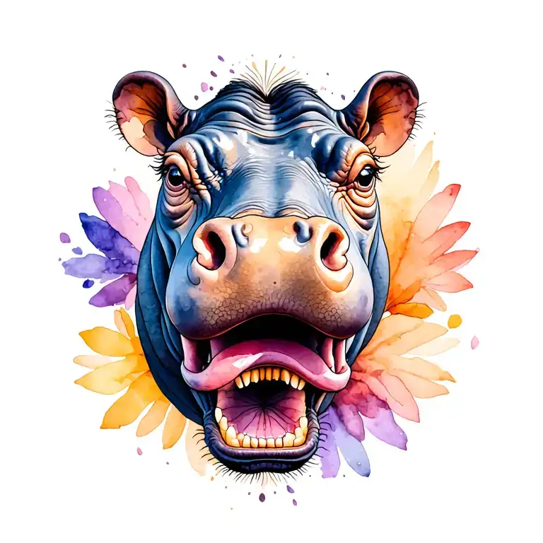 iris flower and hippopotamus head closed mouth tattoo design idea