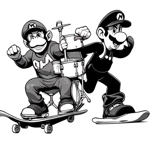 90s characters including Michaelangelo skateboarding, Diddy Kong playing drums, Mario snowboarding tattoo design idea