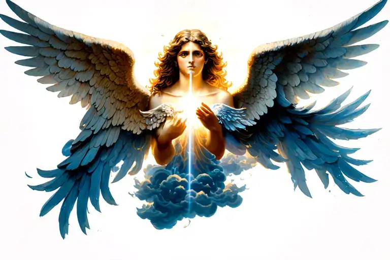 chest piece angels, clouds and light to heaven tattoo design idea