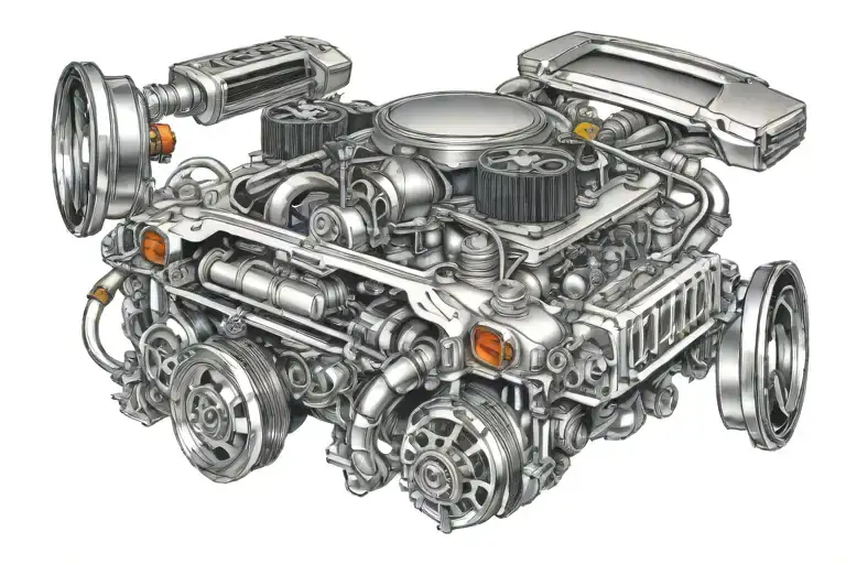 Nissan silvia S15 with pistons and turbos underneath it tattoo design idea
