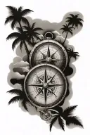 compass in the sand beach with palm trees tattoo design idea