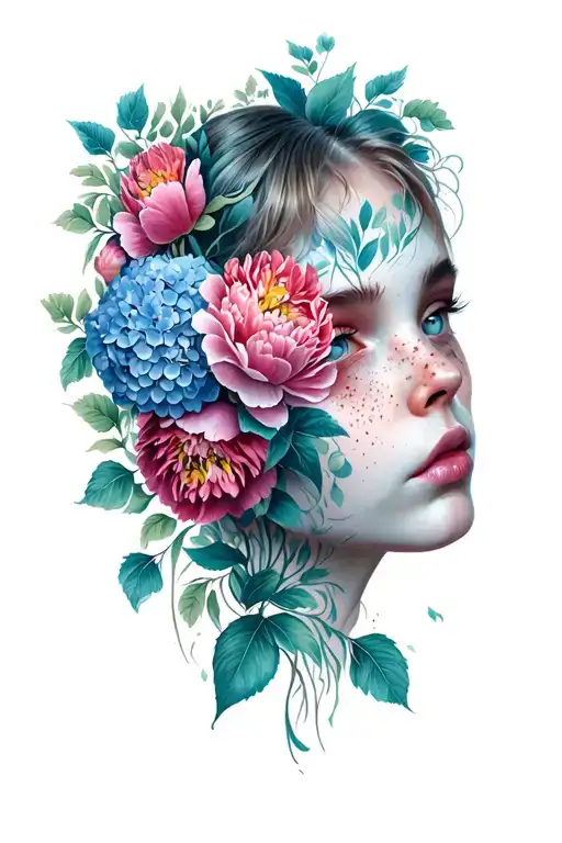 freckles, peonies, hydrangeas, eye open tattoo design idea