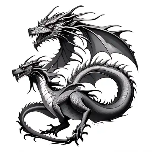 Two dragons realistic in simetry, one who has the head down and the other upwards, tattoo design idea