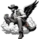 PETERBILT SITTING ON CLOUDS, SILLOUTTE OF GUY LEANING WEARING A TRUCKER HAT HOLDING A CIGERETTE,ASPHALT COWBOY, ANGEL tattoo design idea