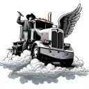 PETERBILT SITTING ON CLOUDS, SILLOUTTE OF GUY LEANING WEARING A TRUCKER HAT HOLDING A CIGERETTE,ASPHALT COWBOY, ANGEL tattoo design idea