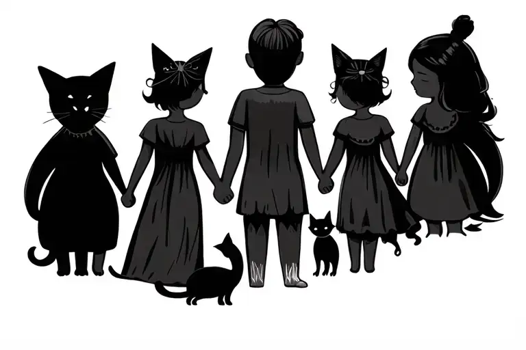 A family with one man, one wife, one daughter of 3 years and another daughter of 1 and a cat. Holding hands all together tattoo design idea