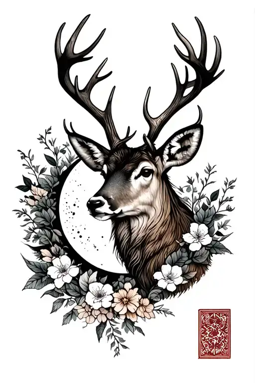 Hirsch with moon in the antlers and flowers mystical tattoo dotwork tattoo design idea