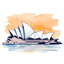 minimalist sketch outline of the Sydney opera house with a mixed blue watercolour background tattoo design idea
