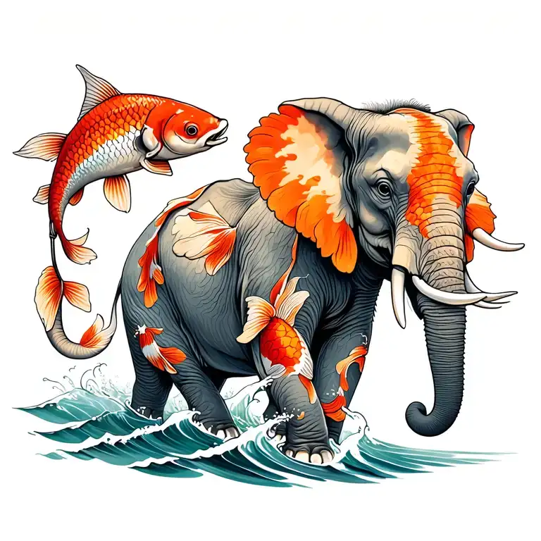 elephants walking with koi fish swimming upstream and the saying "if you are going through hell keep on moving" tattoo design idea
