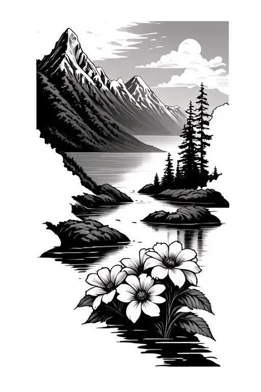 mountain landscape tattoo featuring river and flowers in foreground tattoo design idea