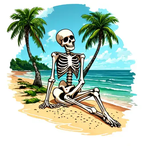 skeleton on beach scene with palm trees tattoo design idea